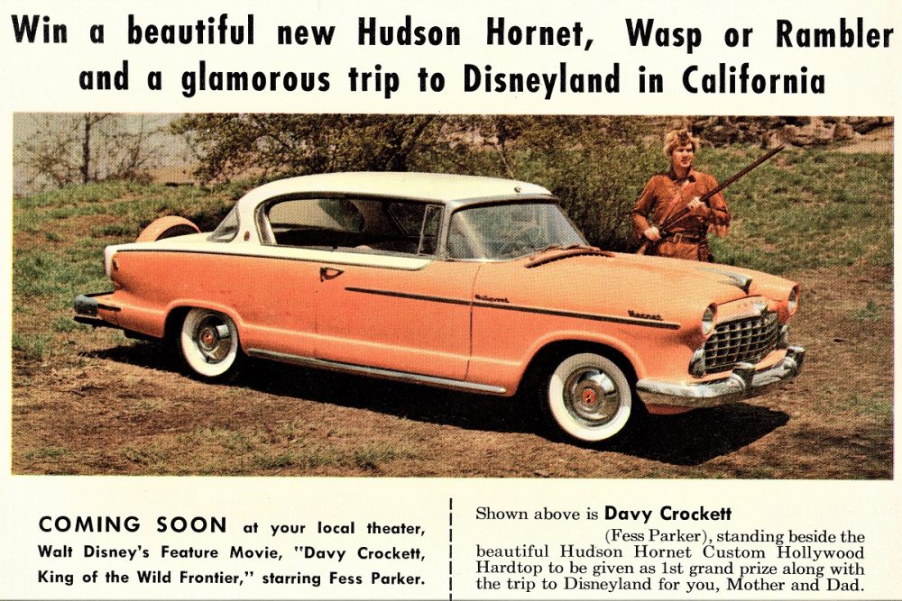 Print ad for the Hudson Hornet, featuring Fess Parker, star of "Davy Crockett: King of the Wild Frontier"