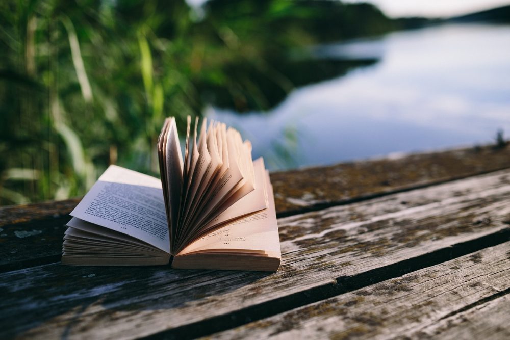 A breeze ruffles the pages of an open book lying on a dock next to a body of water