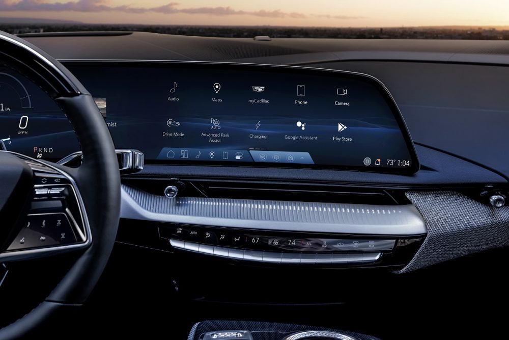 Close-up of the 2025 Cadillac OPTIQ’s 33-inch-diagonal interface and display with 9K resolution.