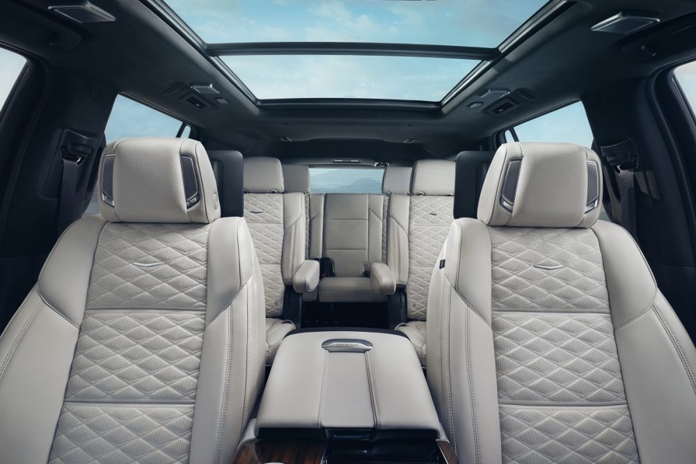 Interior view of the 2025 Cadillac Escalade Sport Platinum from front of vehicle looking through to back of vehicle showing three rows of seating.