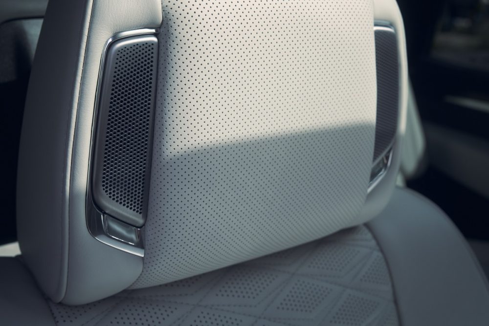 Close-up view of the speaker in headrest in the 2025 Cadillac Escalade Sport Platinum.