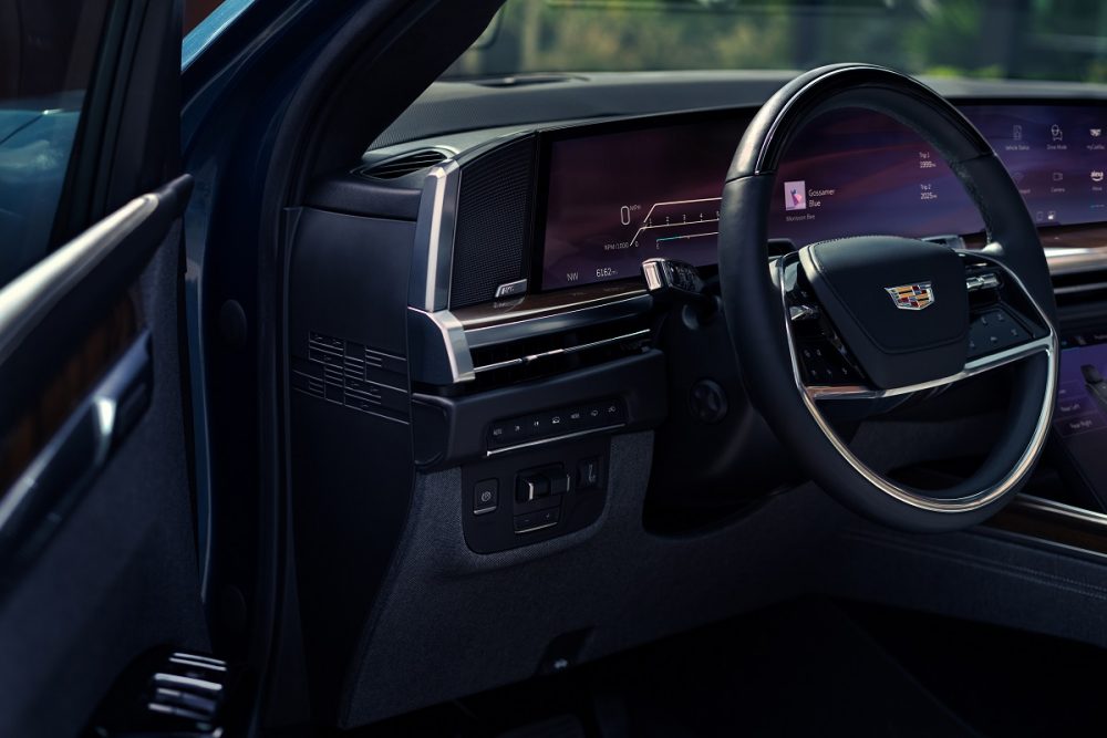 Close-up view of the interior of the 2025 Cadillac Escalade Sport Platinum from the driver’s side door opening.