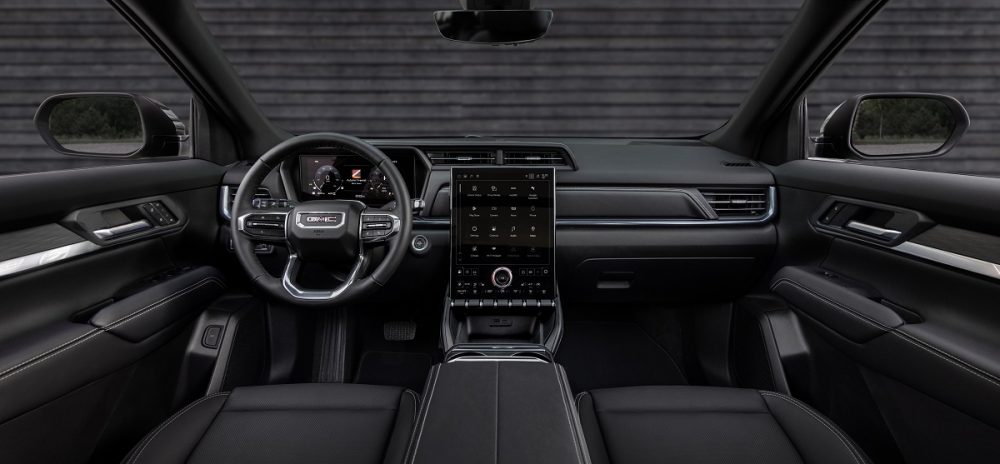 An interior view of the next-generation 2025 GMC Terrain Elevation front row, including the new 15-inch-diagonal touchscreen and 11-inch digital driver display