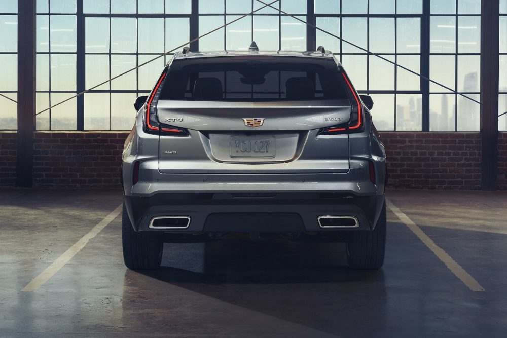 Rear view of the 2025 Cadillac XT4 Sport in Argent Silver Metallic.