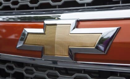 Close up of the logo of Chevrolet on the car front