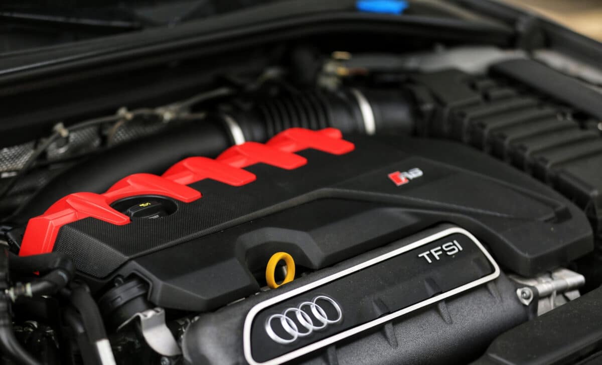 The engine of an Audi RS3 sedan