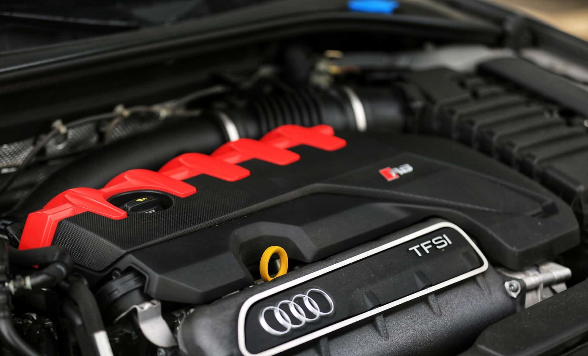 The engine of an Audi RS3 sedan