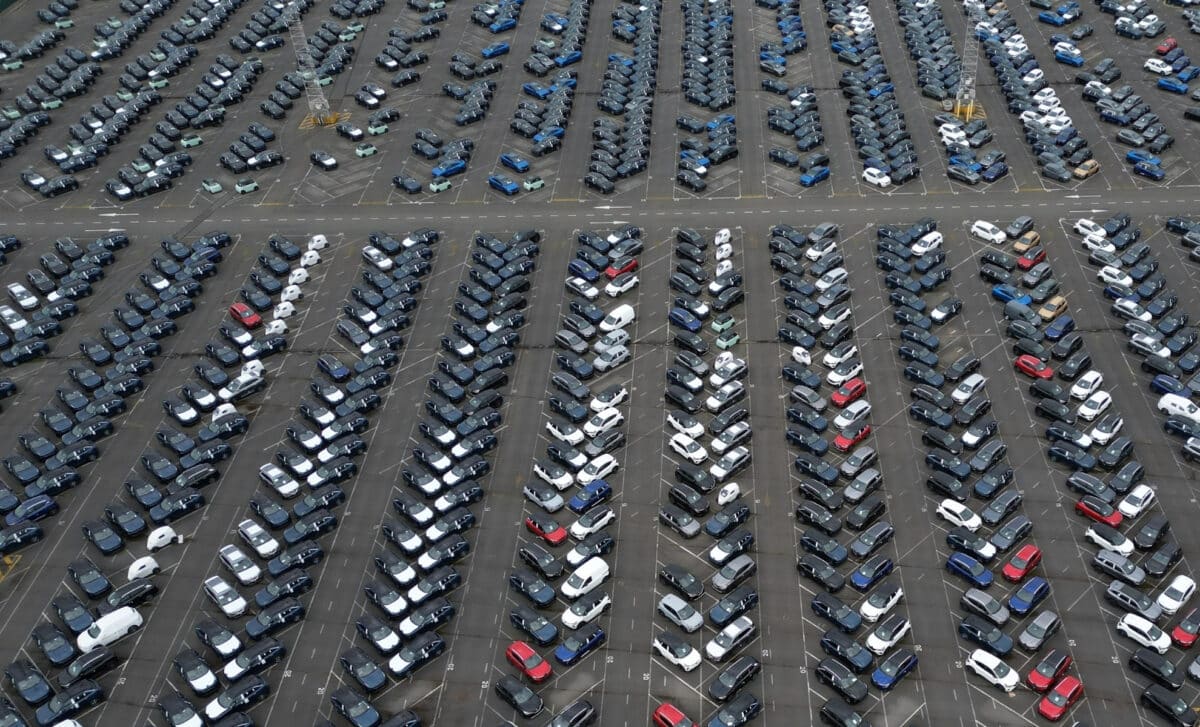 Aerial view of Chinese cars parked at a seaport