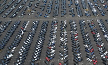 Aerial view of Chinese cars parked at a seaport