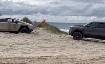 Tesla Cybertruck pulled out by a Dodge Ram
