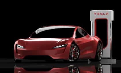 Tesla Roadster with Charger in studio