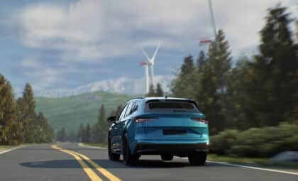 An EV is traveling on a road